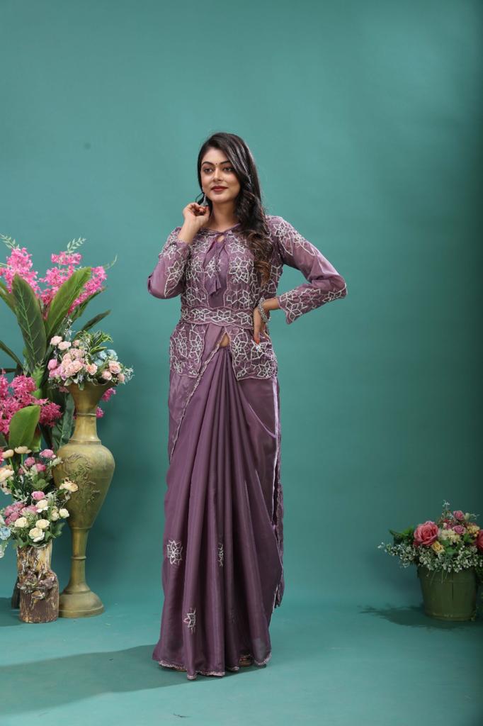 Buy Purple Satin Saree online-Karagiri