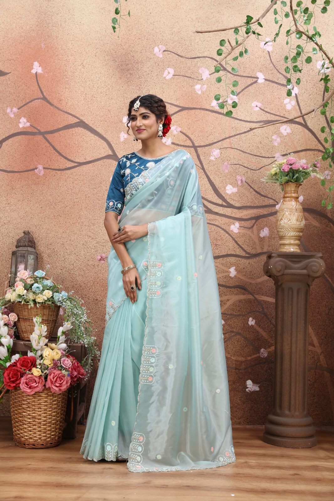 Buy Pastel Sky Blue Silk Georgette Taping Saree - Sarees Online in India |  Colorauction